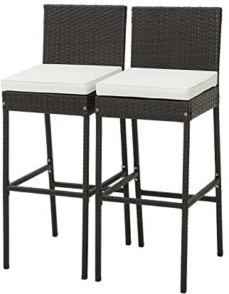 KOMFOTTEU Rattan Barhocker, Barstuhl Bistrohocker mit Kissen & Rückenlehnen, Tresenhocker mit Fußstütze, Bistrohocker bis 180 kg belastbar für Balkon Garten Terrasse (2 Stück)