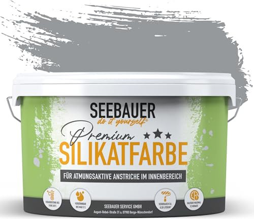 SEEBAUER diy Silikatfarbe Dunkelgrau 5L für Innen (No. 218 Grey Stone) Atmungsaktive Mineralfarbe für Allergiker - Abwaschbare Wandfarbe - Grautöne hohe Deckkraft