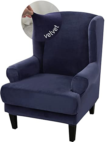 Highdi 2-Teilig Samt Ohrensessel Überzug, Super Weich Sesselüberwürfe Elastisch Ohrensessel Schonbezüge Sesselhusse Sesselbezug Tiger Stuhlbezug mit Armlehne Hohe Rückenlehne (Navy Blau)