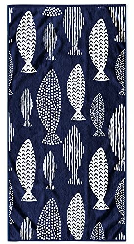 DecoKing Strandtuch groß 90x180 cm Baumwolle Frottee Velours Badetuch blau weiß Fish