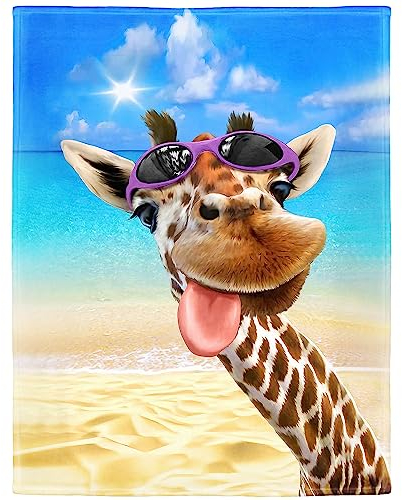 Zomer Kuscheldecke Flauschig Decke 150x200 cm Wohndecke Couchdecke Mikrofaser Sofaüberwurf Tagesdecke weiche warme Sofadecke mit Lustig Giraffe & Strand Motiv