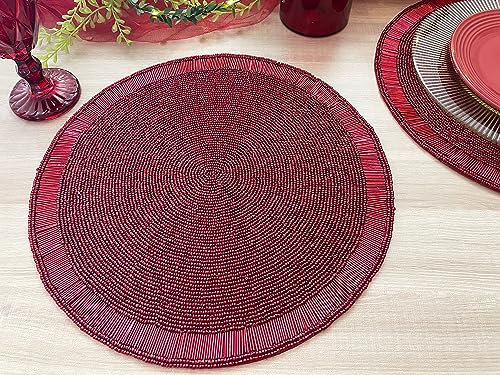 Enliven Set di 6 tovagliette natalizie fatte a mano con perline rosse, sottopiatti, regalo per lei