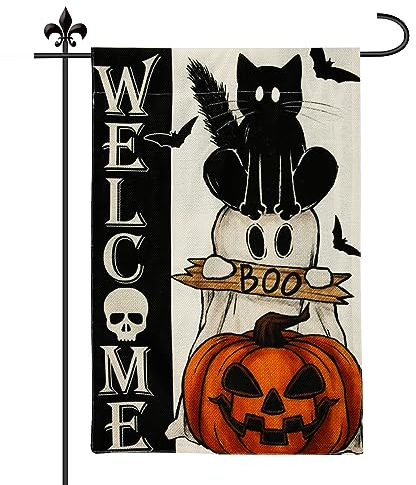 Bandera de Jardín de Halloween, 30x45cm Bandera de Jardín de Doble Cara Calabaza de Gato Espeluznante Aterrador Pancarta de Halloween para Decoración de Halloween en Interiores y Exteriores
