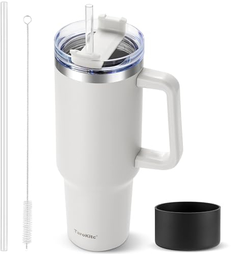 TaroKitc 40 oz Tumbler with Handle | Stainless Steel Insulated Travel Mug Iced Coffee Cup with Lids and Straw | Keeps Drinks Cold for 34 Hours | Dishwasher Safe, BPA Free(White)