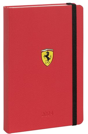 FERRARI, Medium - Tageskalender 2024 für Arbeit oder persönlich, mit Ferrari-Logo in Gel-Effekt, Verschluss mit Gummiband - 11,8 x 18 cm - Rot