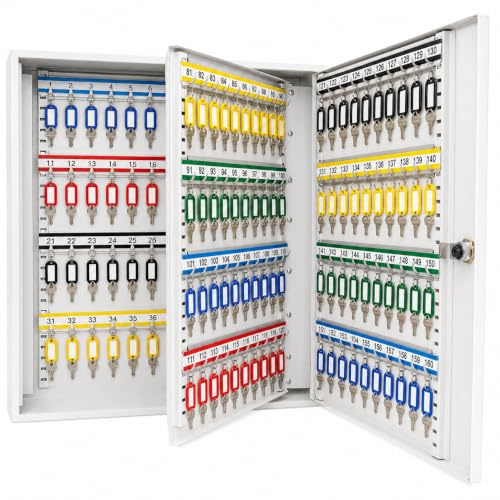 LEOMAR Schlüsselschrank, Schlüsselkasten mit 160 Haken, Schlüsselbox aus Stahlblech, mit Verstellbaren Hakenleisten, Organizer zur Wandbefestigung, Abschließbar, mit Montagematerial, 12 x 39 x 42 cm