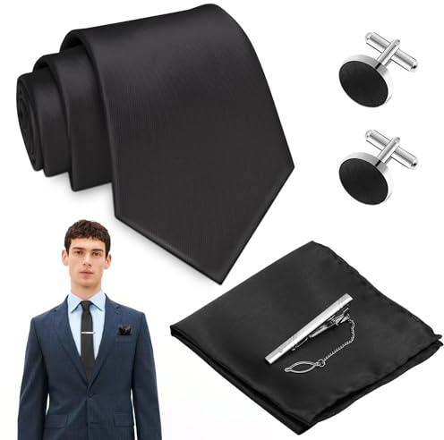 ZOCONE Herren Krawatten Set - Elegant Schwarze Seidenkrawatte Mit Einstecktuch, Krawattennadel, Manschettenknöpfe - Einfarbig Satin Schlips 8cm für Hochzeit, Partei, Beerdigung