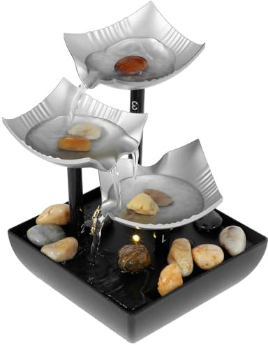 Tabletop Fountain with Lights and Pebble, Meditation Water Fountain Small Waterfall Fountain Desktop Decorations USB Powered Sound Relaxation Fountain Ornament (Silver 3-Tier)