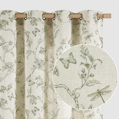 Lazzzy Leinen-Vorhänge mit grünem Blumenmuster, Bauernhaus-Vorhänge, 244 cm, lange Vorhänge für Wohnzimmer, Schlafzimmer, Muster, Lichtfilterung, Landhausstil, Vintage, Ösen, 2 Paneele, Grün auf Beige