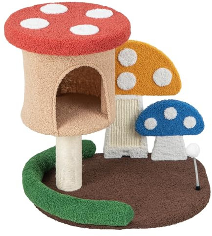 GOPLUS Arbre à Chat de Champignon pour Chaton avec Poteau en Sisal Enveloppant, Planche à Griffer & Balle à Ressort, Arbre à Chat avec Condo & Plateforme Confortable(59cm)