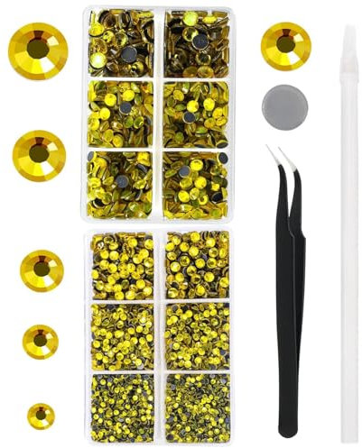 YHMQ DU 6616 Stück gelbe Hotfix-Strasssteine, Kristallglas-Diamanten für Trinkgläser, Kleidung, Hemden, glitzernde flache Rückseite, rund, mit Pinzette und Picking-Stift (Set SS6–SS30)