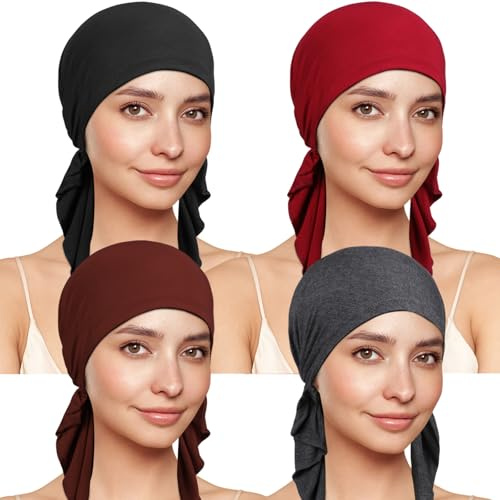 TSKNOMO 4 Stück Chemo Kopfbedeckung für Frauen, Vorgebundenes Kopftuch, Krebs-Kopfbedeckung Gegen Haarausfall