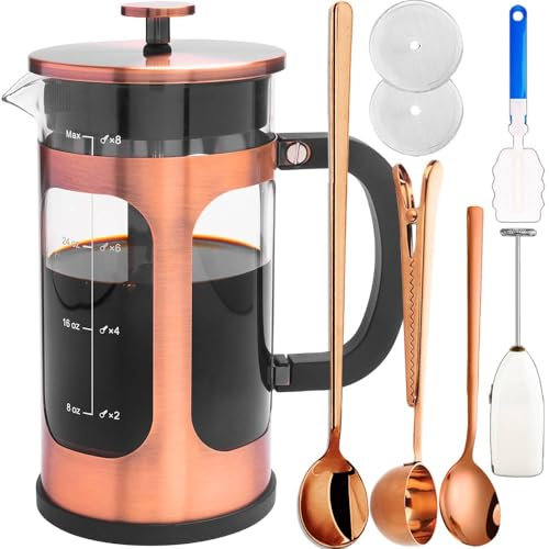 ADAMITA French Press Kaffeebereiter, 8 Tassen, 304 Edelstahl, Kaffeepresse mit 4 Filtersieben, leicht zu reinigen, hitzebeständiges Borosilikatglas, frei von 100 % BPA
