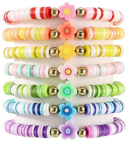 Yeomju 7 Stück Bunte Freundschaftsarmbänder Set Preppy Blume Herz Stern Böses Auge Perlen Tonperlen Armbänder Sommer Strand Boho Schichtbarmbänder Schmuck Für Frauen