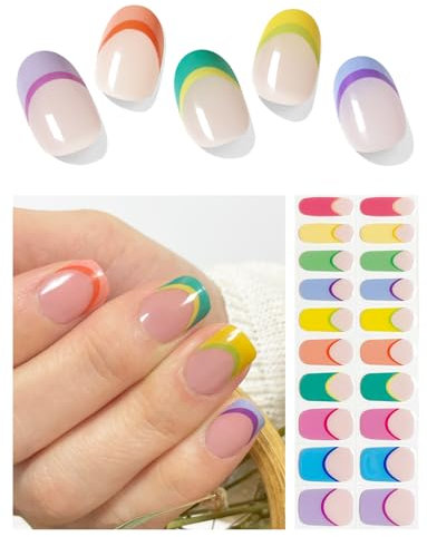 AutyaMee Semi Cured Gel Nail Strips (Colorful French), 20 Pcs Gel Nail Wraps, Stickers, UV Light Required, Salon Quality, Long Lasting