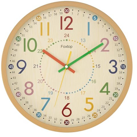 Foxtop Lernuhr Kinder - Lernuhr ohne Tickgeräusche - Analoge Kinderuhr zum Lernen und Üben der Uhrzeit - 24H - Dekoratives Kinderzimmer,30 cm