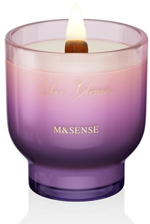 M&SENSE 270g Duftkerze Fliederblüte mit Knisterndem Holzdocht - 55 Stunden Lang Brennende Sojawachs Duftkerzen im Glas, Luxusgeschenke für Frauen, Ungiftige Aromatherapiekerze
