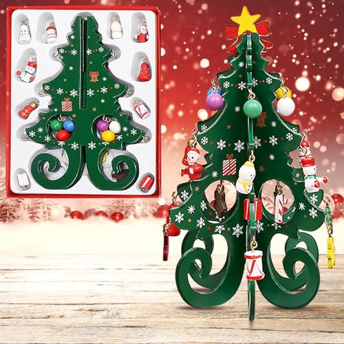 KIPTVO Wooden Tabletop Christmas Tree Set, DIY Mini Xmas Tree, Creative Home Office Desk Decoration for Christmas, Festive Idea, for Christmas Table Desk Decoration Gift