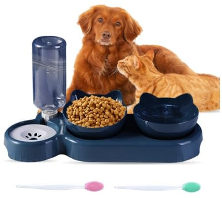 Cuenco para Mascota con Doble tazo y un dispensador de Agua, Antideslizante, reclinable a 15º, para Perros pequeños y Gatos: Comedero y Bebedero para tu Mascota. (Incluye Cepillo Dental)