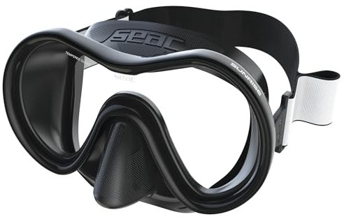 SEAC Sunrise, Einteilige Tauch- und Schnorchelmaske aus gehärtetem Glas mit 3D-Schnalle, mit Kopfstück aus Textil oder Silikon