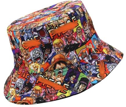 Dekewe One Piece Bucket Hat Fishing Hat Cotton Foldable Sun Hat Unisex Cartoon Print Beach Festival Accessory for Men Women Teens 56-58cm