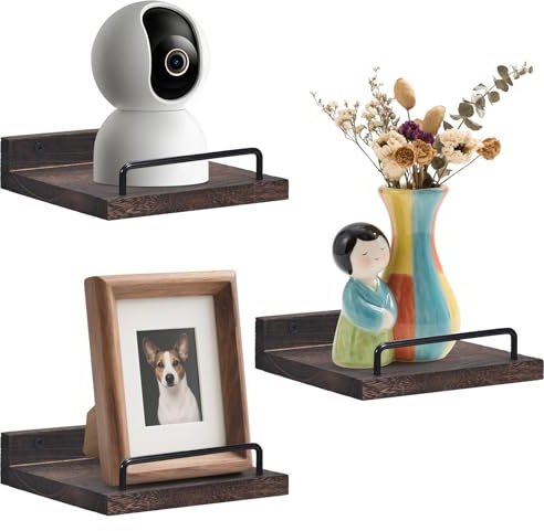 Kldgris Petites Étagères Murales Lot de 3, 15 cm Étagère Murale Bois, Étagère Murale Décoration Moderne avec du Fer forgé, Adaptée à la Cuisine, à la Salle de Bain, au Bureau, au Salon (Brun)