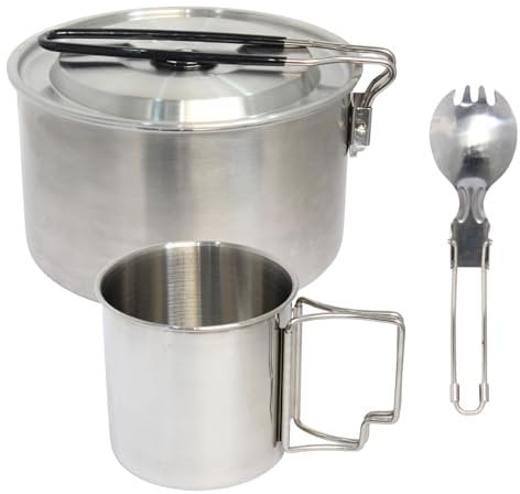 BeGrit Camping kochgeschirr 304 Edelstahl Outdoor Camping Topf für gaskocher Kompakt campingtopf Leicht Campinggeschirr mit Faltbarer Tasse und Göffel für Camping Outdoor Kochen Wandern Reisen