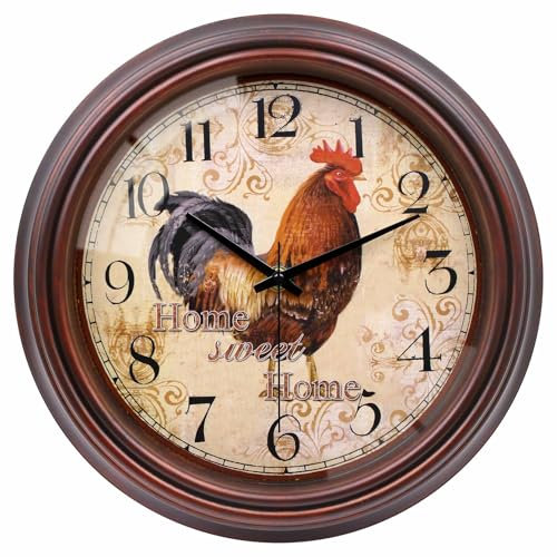 VIKMARI Vintage Hahn Wanduhr, 23cm Retro Dekorativ Geräuschlos Lautlos Wanduhr für Küche Wohnzimmer Schlafzimmer Heimbüro