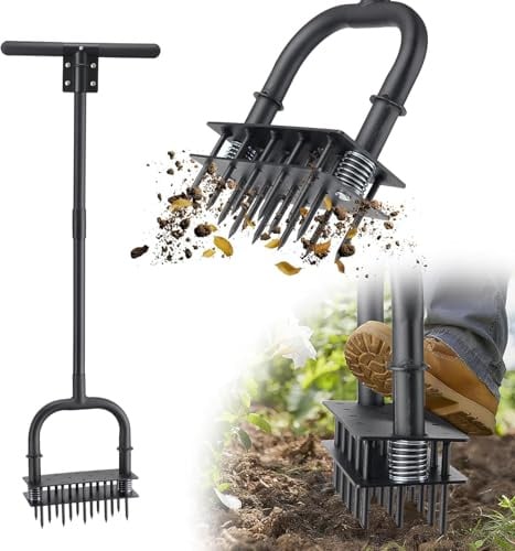OLLIDOT Lawn Aerator, 99 cm Long Manual Aerator Lawn Tool, Save Labour Core Aerator with 14 Steel Spikes,Manual Push Grass Aerator for Lawn, Garden, Yard