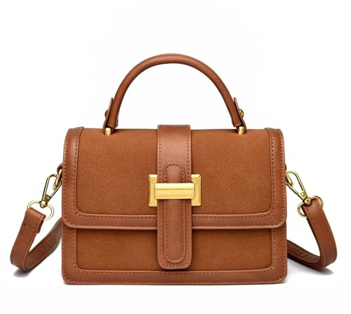 Micmores Handtasche Damen Klein Kunstwildleder Umhängetasche, Elegant Crossbody Bag damen mit Kunstleder Griff oben, Mode Schultertasche mit Verstellbar Abnehmbar Schultergurt (Braun)