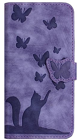 Skyhewen for Motorola Moto G06 Case, Moto G06 Power Case, Cat and Butterfly PU Leather Flip Wallet Protective Case with Card Slots Kickstand Magnetic Closure Shockproof Phone Case Cover, Purple