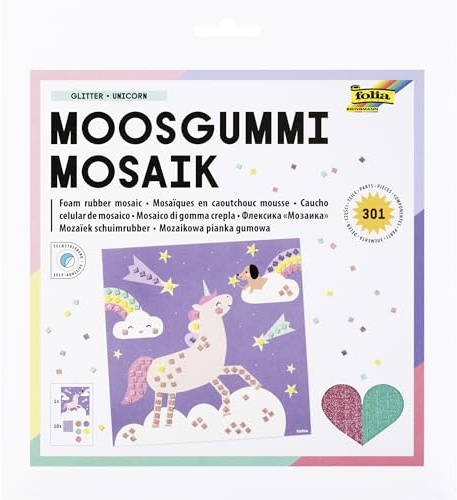folia 23814 - Moosgummi Mosaik GLITTER UNICORN, 301-teiliges Bastelset aus einer Motiv Vorlage und 300 selbstklebenden Mosaiksteinen aus glitzerndem Filz in 5 Farben