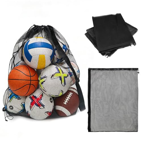 2 Stücke Extra Große Ballsack, 75.5 x 100.5 cm Ballnetz für 10-12 Bälle | Tragbare Balltasche mit Kordelzug und Schultergurt, Large Sports Ball Bag Mesh, für Fußball, Volleyball, Rugbyball, Schwarz