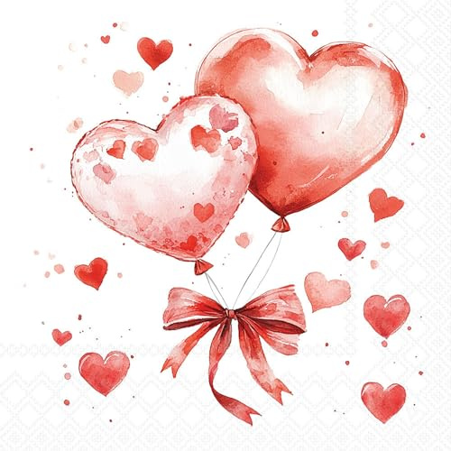 Ambiente Servietten Papier 33x33cm 3-lagig 20 Stück - hochwertig & nachhaltig - Einweg Papierservietten Herz- & Ballonmotiv im Aquarellstil Rot Weiß - Party Lunchservietten Valentinstag Tischdeko