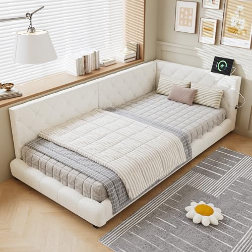 ModernLuxe Upholstered Single Bed Frame with Side Rails, 3FT Sofa Bed with Dual Cushioned Headboards, Velvet Upholstery with Plywood Frame, Beige, 90 x 190 cm