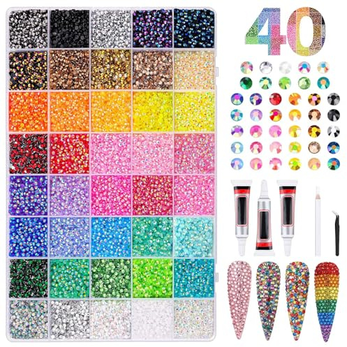 Joyesplay Bedazzler - Lot de 32 000 strass - 3 mm - 40 couleurs - Avec colle - Pour travaux manuels, ongles, vêtements, textiles