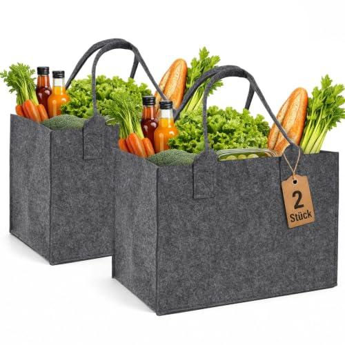 11L Filztasche 2er Set, Einkaufstasche Filz Faltbar 30x20x18 cm, Einkaufskorb mit Henkel, Filzkorb Robust für Einkaufen, Aufbewahrung, Picknick & Auto, Grau