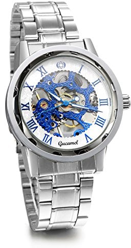 JewelryWe Herren Armbanduhr, Analog Handaufzug, Fashion Business Transparent Steampunk Handaufzug mechanische Uhr mit Edelstahl Armband, Blau Römische Ziffern Zifferblatt