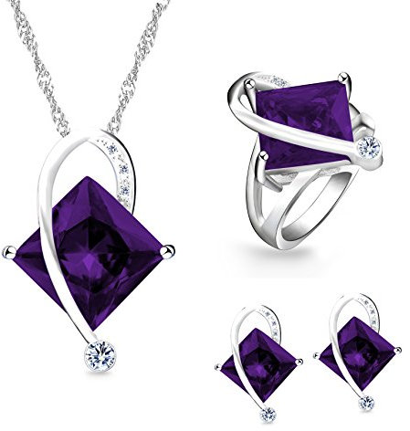 Uloveido Frauen Geometrische Form Simulierte Lila Topas Silberkette Halskette Ohrstecker Ringe Hübsche Brautschmuck Set (Lila, Größe 57) T295