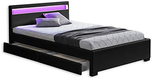 LED Leder Bett Amsterdam SCHWARZ modernes Bett mit LED-Beleuchtung + inklusive Lattenrahmen / Lattenrost + mit praktischer Bettkasten / Schubladen Stauraum Polsterbett Jugendbett günstig (140x200 cm)