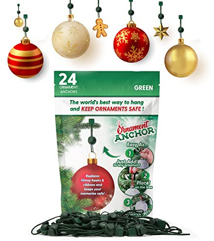 ORNAMENT ANCHOR Ornament Hooks for Hanging Christmas Decorations - No-Slip Hanging Hooks for Xmas - Heavy Duty Christmas Tree Ornaments Hanger Hooks for Small & Large Ornaments (Green, 24 Count)