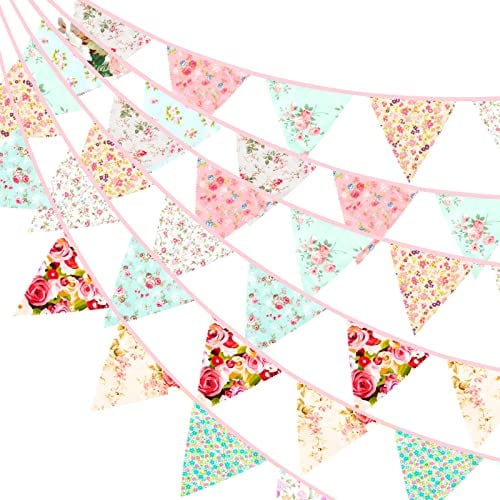 G2PLUS 12m Wimpelkette Blumen Stoff, Rosa und Grün Stoff Wimpel Girlande, Lange Gartendeko Bunting, Stoffgirlande mit 42 STK Groß Blumen Wimpeln für Haus und Garten Deokration