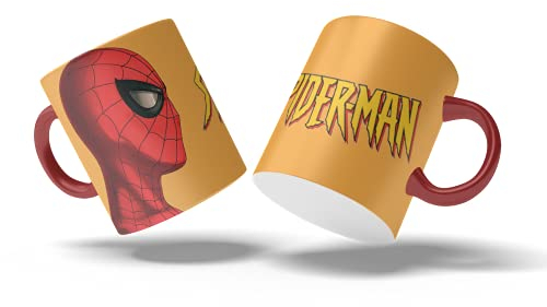 Taza de cerámica hombre superhéroe tela araña fondo amarillo 05