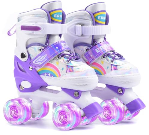 ERNAN Roller Enfant Filles et Garçons,Patin a Roulette Enfant 4 Taille Réglable, Roller Quad avec 8 Roues Lumineuses. Patins à roulettes pour Enfants pour débutants (Purple, S)