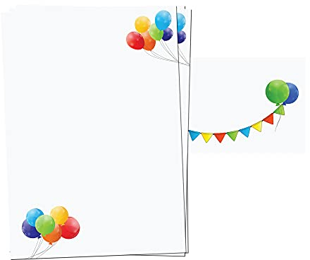 PRESENTOU Briefpapier beidseitig bedruckt 120 Gramm Papier | Motivpapier Urkundenpapier Urkunde Speisekarte Liebesbrief (Luftballons, 25 + 25 Bögen + Umschläge)