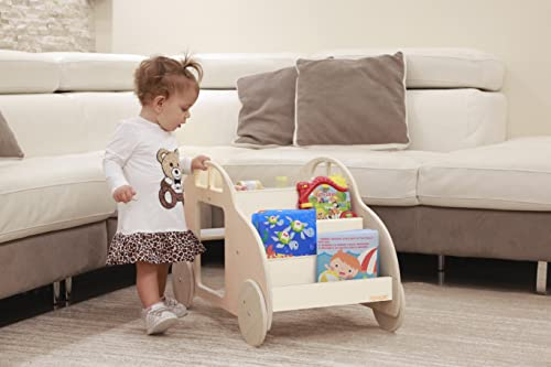SWEETME Niedriges Holzregal für Kinder, Montessori Bücherregal mit Rollen, Couchtisch und Sitzfläche, Höhe für Kinder