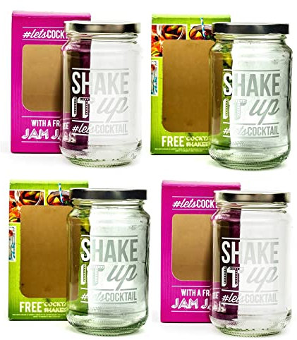 Shake It Up Jam Jar Cocktail Glass Shaker Recipe Card Party Home Bar Pub Gift x4