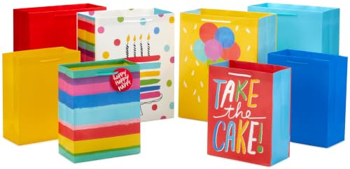Hallmark 0005EGB7427 Take The Cake, Feststoffe Set mit 8 mittelgroßen und großen Geburtstags-Geschenktüten für Kinder, Erwachsene, Lehrer, Kollegen, Papier, Geburtstagskuchen, Streifen, Luftballons