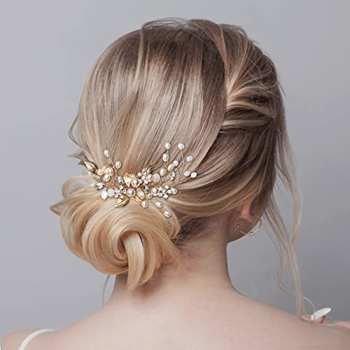 Brautschmuck, Etercycle Braut Kopfschmuck Hochzeit Haarspangen Kristall Haarnadeln Reben Blume Blatt Perle Haarschmuck für Braut - Gold