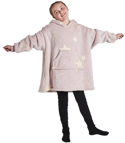 Silentnight Oversized Blanket Hoodie Kids - Glow in the Dark Giant Blanket Hoodie Hoody Sherpa Fleece Super Soft and Snuggly Girls - Blush Pink